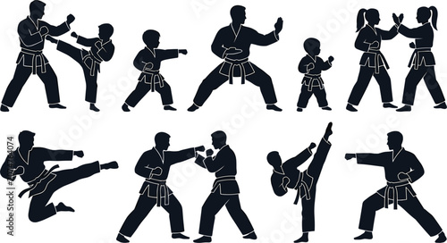 Vászonkép Martial Arts Silhouettes Set Featuring Adult and Kids Karate Sparring Kicks Punc