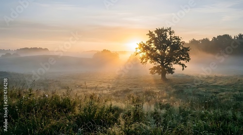 Single oak tree in open field at golden hour, long shadow, dramatic sky, no people
