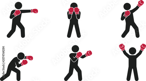 Fotografía Minimalist Black Stick Figure Boxing Icon Set Featuring Red Glove Accents with P