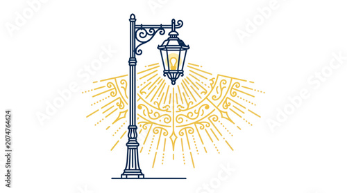 Foto Vintage Street Lamp with Ornate Design and Radiant Light Rays
