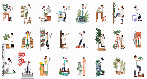 Canvastavla Vector illustration set of female botanists and plant scientists in white coats conducting research, studying various plants, flowers, and trees in diverse settings