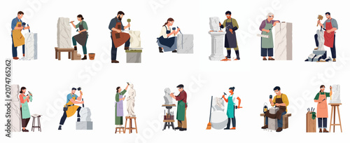 Foto Collection of diverse sculptors in aprons and goggles carving stone statues and columns with hammers and chisels in a workshop setting