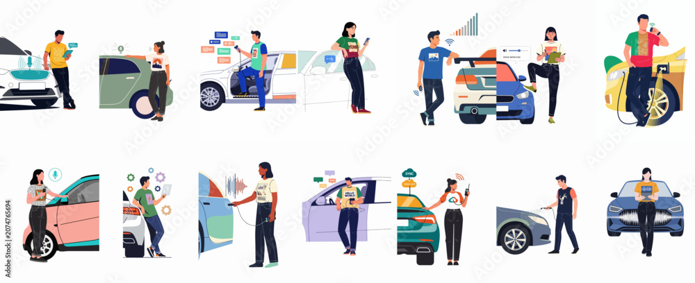 Fototapeta premium Collection of flat vector illustrations featuring people using smart technology, mobile applications, and voice commands to control and monitor modern electric vehicles.