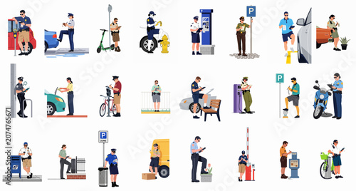 Fotografie Collection of various parking enforcement officers in uniform issuing tickets and monitoring traffic regulations in a flat vector style