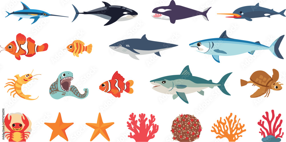 Fototapeta premium Sea Creatures and Marine Life Vector Set with Shark, Whale, Clownfish, Sea Turtle, Starfish, and Coral Reef Elements for Educational Graphic Design Illustration