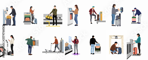 Obraz na plátně Flat illustration set of travelers using various airport self-service kiosks, baggage check-ins, security scanners, and digital interfaces for a seamless travel experience