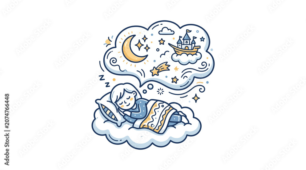 Fototapeta premium Child sleeping on cloud dreaming of a castle.