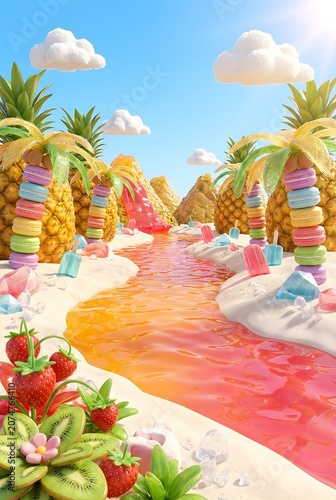 Whimsical Candy Fantasy Landscape with Pineapple Palm Trees, Macarons, Colorful River, Popsicles and Tropical Fruits