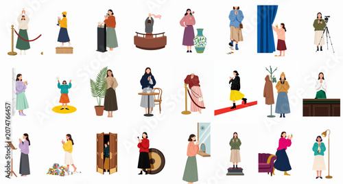 Φωτογραφία Vector collection of women in various settings related to arts, culture, events, performances, and public appearances, depicted in a flat illustration style