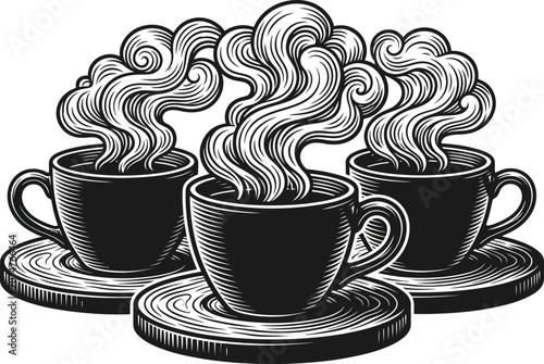 Silhouette Illustration of Steaming Coffee Cups with Swirling Steam