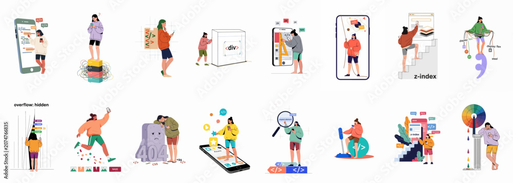 Fototapeta premium Set of metaphorical illustrations depicting web development and CSS concepts like flexbox, z-index, and debugging with a female programmer character.