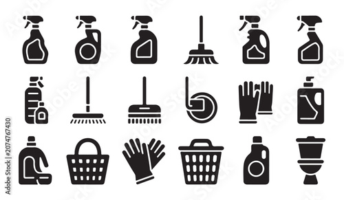 Fotografie Cleaning products and tools vector set for home and professional use hygiene