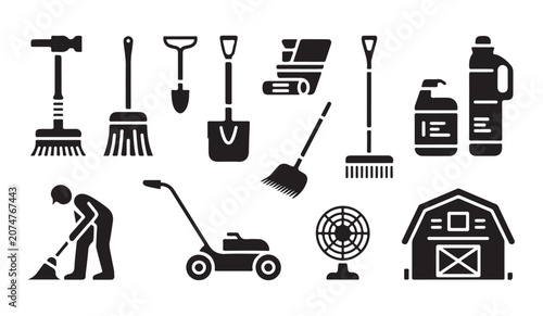 Billede på lærred Set of farming tools and equipment icons for gardening and agricultural maintenance work