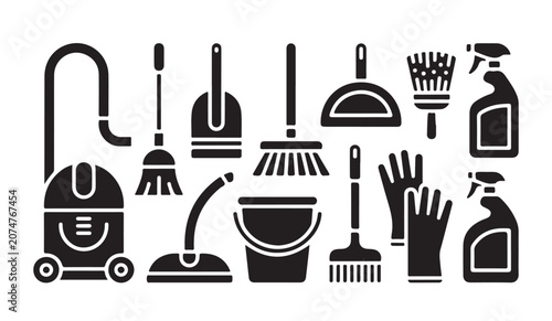 Fotografía Professional cleaning supplies and household sanitation equipment flat icon set vector