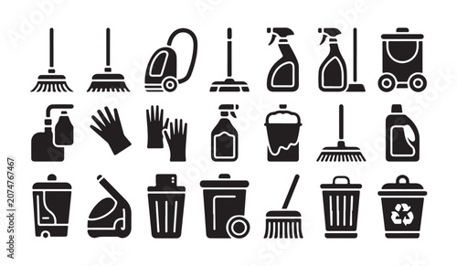 Photos Collection of janitorial and cleaning service equipment icons for professional sanitation