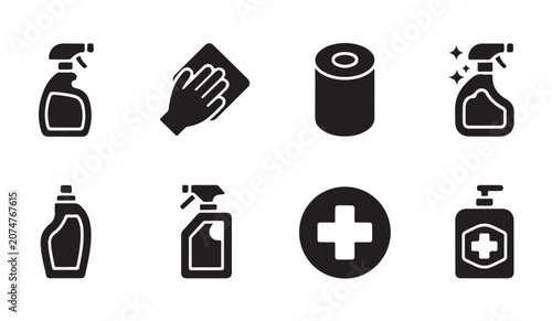 Obraz na płótnie Hygiene and sanitation icons set with spray bottles and hand cleansing medical supplies