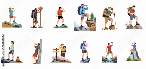 Photos Collection of diverse hikers and trekkers staying hydrated by drinking water dur