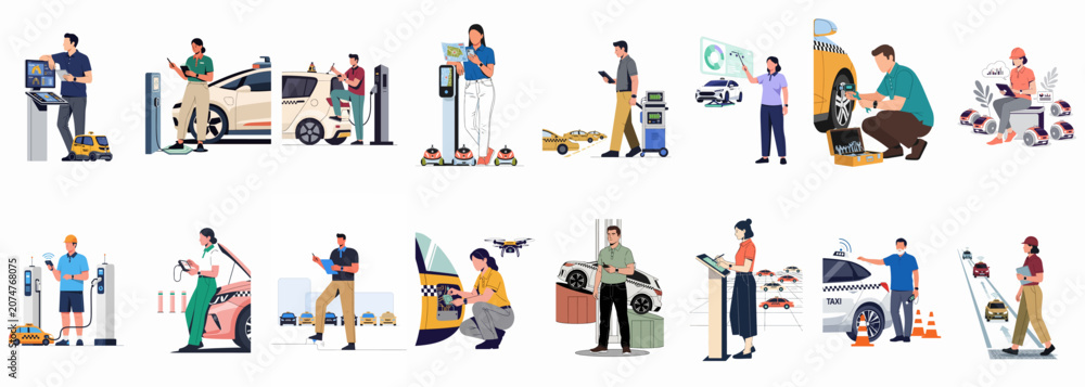 Fototapeta premium Flat vector illustrations of diverse professionals managing autonomous electric taxi fleets, including vehicle maintenance, charging, and smart city transportation monitoring services.