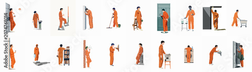 Fotografia A collection of flat design illustrations showing male prisoners in orange jumpsuits performing daily activities within a correctional facility or jail environment