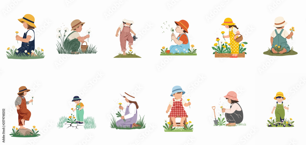 Fototapeta premium Vector illustrations of young children in overalls and hats playing with, picking, and blowing dandelions in a spring meadow on white background.