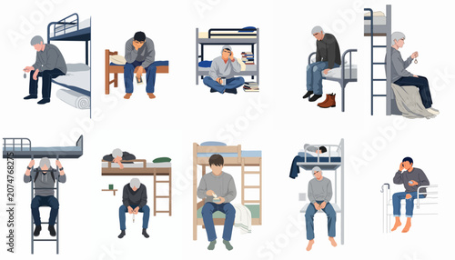 Tablou pe pânză Illustration set of men in various states of sadness and isolation within a dormitory or prison cell environment with bunk beds