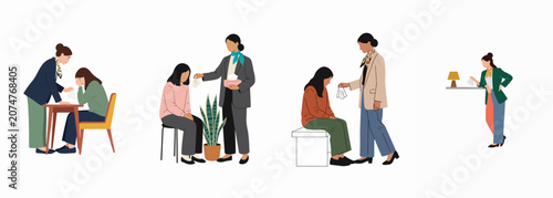 Obraz na płótnie Illustrations of supportive women offering comfort and tissues to crying colleagues or friends in various settings, highlighting empathy and mental health awareness