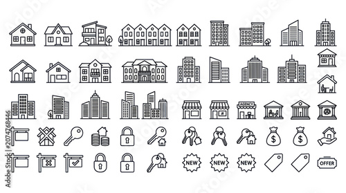 Obraz na plátně Real Estate Icons Set: Houses, Buildings, Keys, Signs, and More