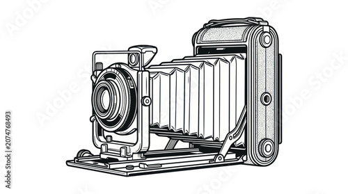 Obraz na płótnie Vintage Folding Camera Illustration, Retro Photography Device