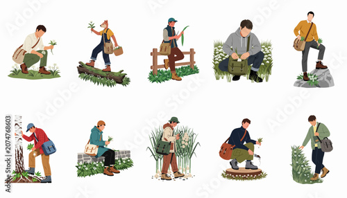 Konstfotografi Set of male characters foraging and collecting wild plants, flowers, and herbs in various outdoor environments, featuring flat vector illustration style