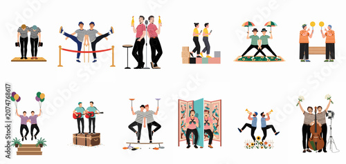 Photos Collection of vintage-style illustrations featuring twin male performers in various circus, musical, and comedic acts against a white background