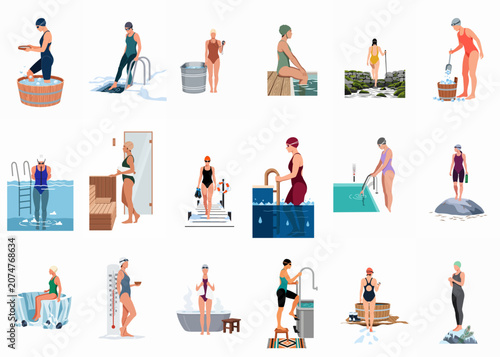 Canvas Print A diverse collection of flat illustrations depicting women practicing cold water therapy, ice swimming, and various winter wellness rituals