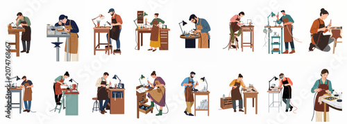 Εκτύπωση καμβά Collection of professional jewelers and artisans working in their workshops, creating handmade jewelry using various tools, flat vector illustration set