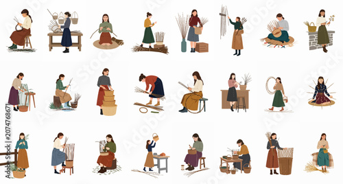 Fotografie Illustrations of women artisans engaged in traditional willow weaving and basketry techniques, depicting the entire process from raw material to finished handmade products