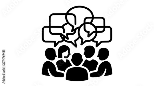 Diverse group of people discussing ideas in speech bubbles, communication concept icon