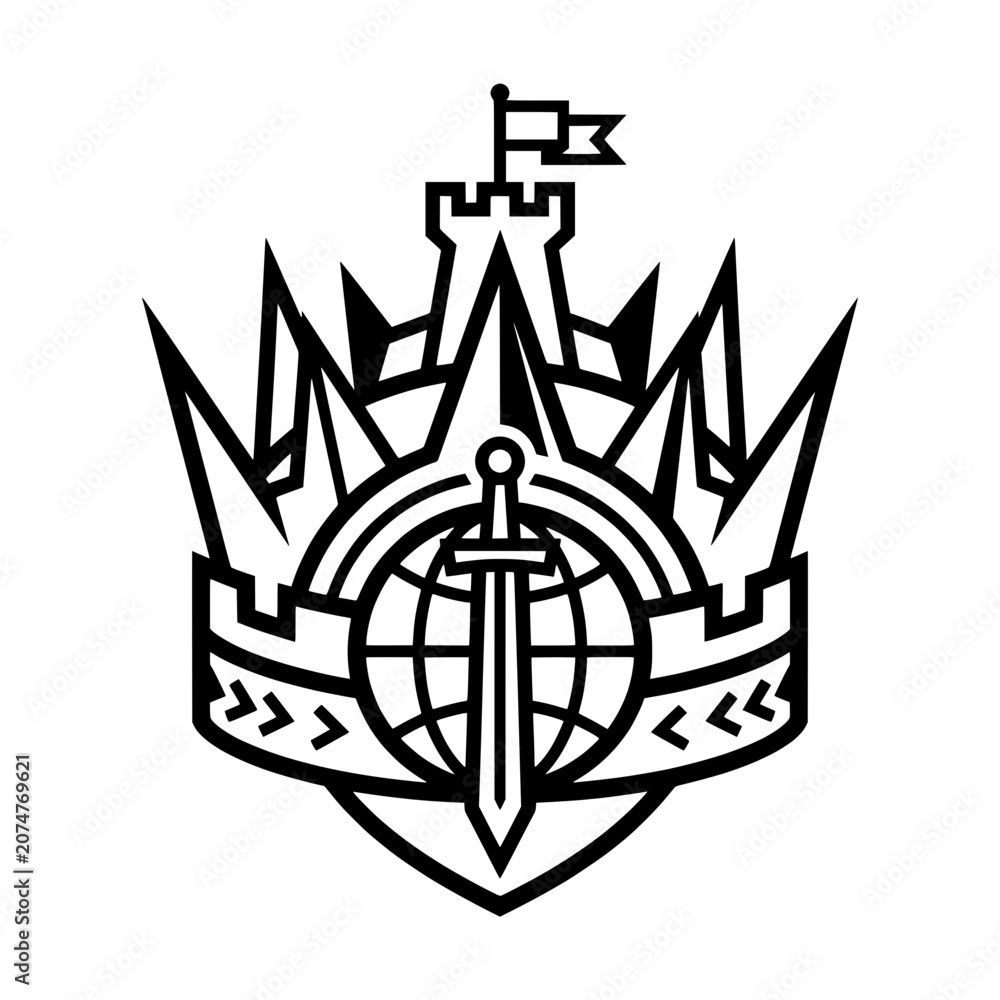 Fototapeta premium Heraldic Emblem: Sword, Globe, Castle Tower with Flag, Crest, Shield