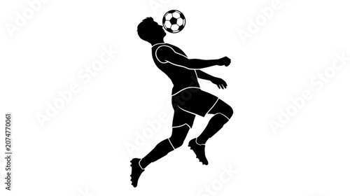 Silhouette of a soccer player performing a header with intense focus and athletic grace.