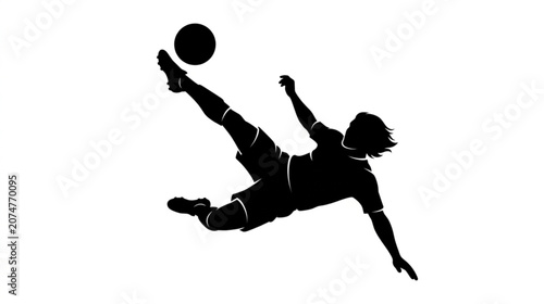 A dynamic silhouette of a soccer player executing a powerful bicycle kick, captured in mid-air with the ball poised for impact, embodying athleticism and decisive action.