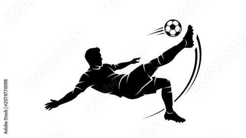 A dynamic silhouette of a soccer player executes a spectacular bicycle kick, launching the ball into the air with graceful agility and athletic power, illustrating the spirit of the game.