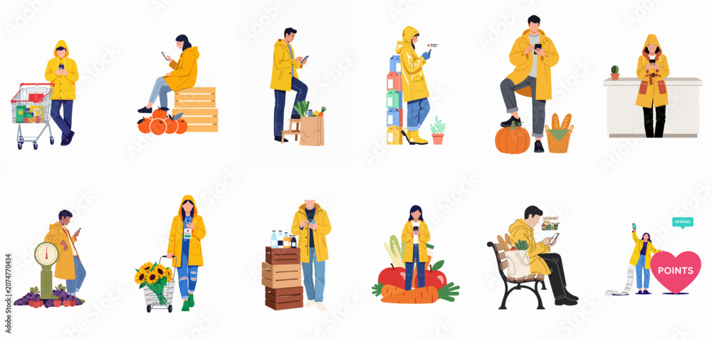 Fototapeta premium Illustration set of people in yellow raincoats using smartphone apps while grocery shopping, featuring reward points, fresh produce, and modern retail technology.