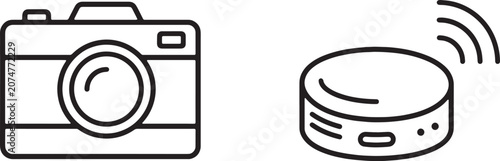 Φωτογραφία Art & Illustration, Digital camera body and wireless smart speaker device with soundwaves line art