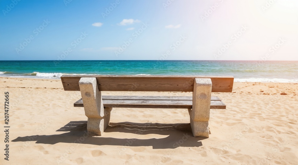 Fototapeta premium Wooden bench on sandy beach faces calm blue ocean waves under clear sky. Warm sunlight illuminates empty seaside. Perfect spot for peaceful relaxation.