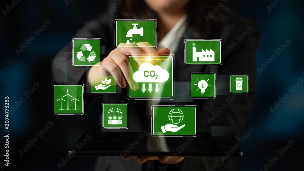 Fototapeta premium ESG concept integrates environmental, social, and governance practices to promote sustainability, responsibility, and ethical business development Latch