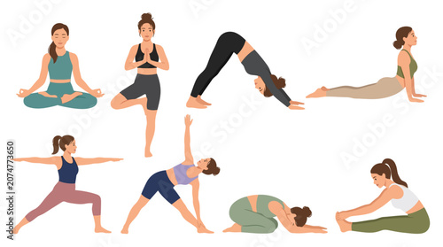 Collection of various yoga poses performed by a young woman in flat vector illustration style.