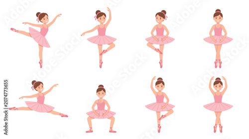 Set of cute little ballerinas in pink tutus performing various ballet dance poses.