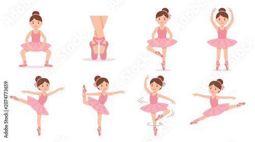 Set of cute little ballerinas in pink tutus performing various ballet dance poses.