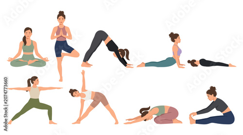Set of women performing various yoga poses and stretching exercises in flat illustration style.