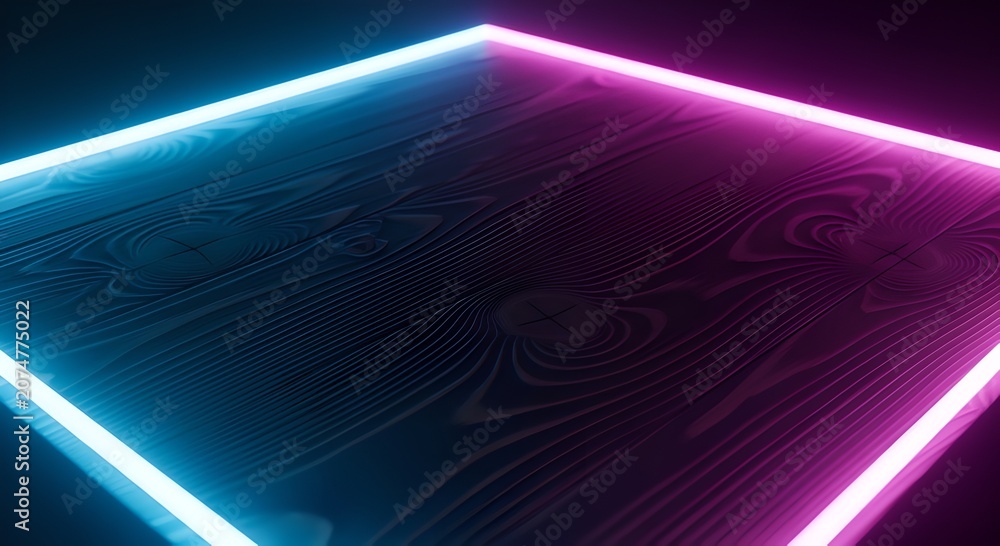 Naklejka premium Neon-lit wooden stage with pink and blue glowing borders in darkness