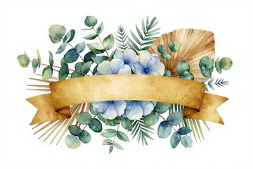 Watercolor floral bouquet with eucalyptus branches and light blue blossoms. Dry palm leaf fan forms background for golden ribbon banner. Nature composition.