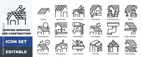 Roofing Services And Construction Icon Pack Featuring Roofing, Structure, Installation, Repair, Maintenance, Roofer, Inspection, Measurement