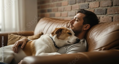 Man and dog sleeping peacefully on leather couch together.